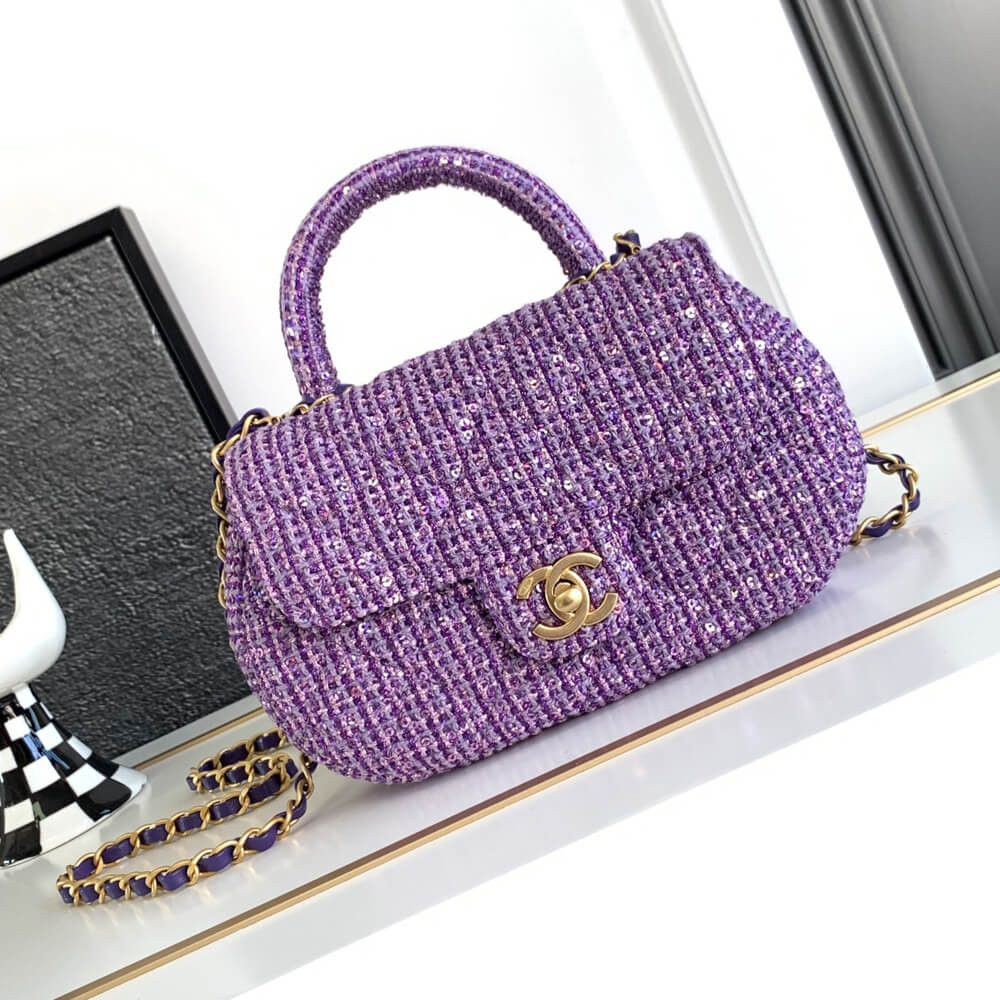 Chanel Mini Sequin Flap Bag with Top Handle Purple Tweed