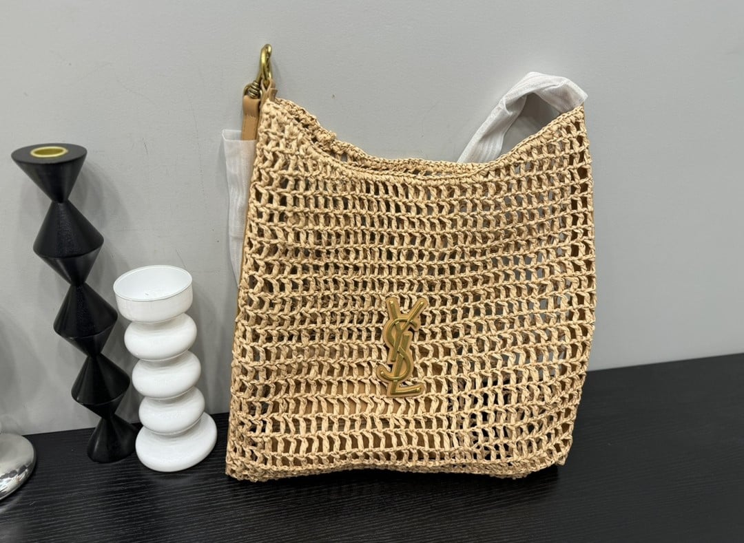Saint Laurent Oxalis In Raffia Crochet And Leather Naturel 41Cm 773984Gaaeb9718