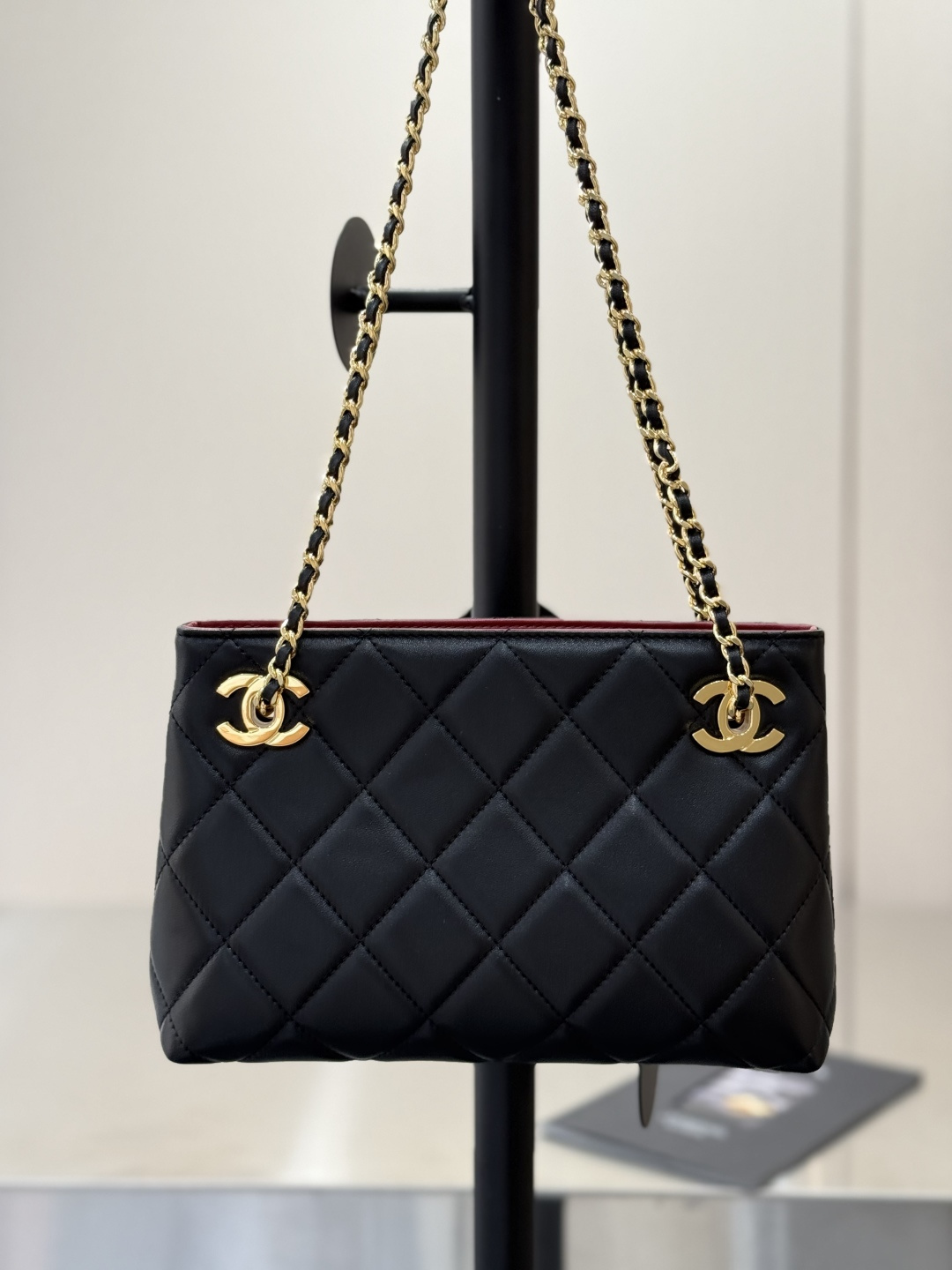 26C Black Quilted Lambskin Double CC Chain Tote Bag with Gold Hardware