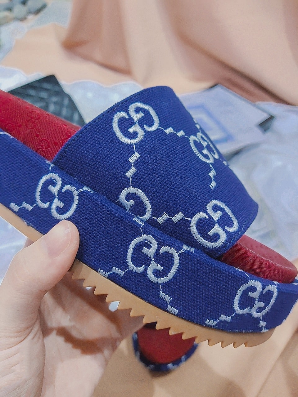 Gucci Women?S With Gg Pattern Slide Sandal Dark Blue