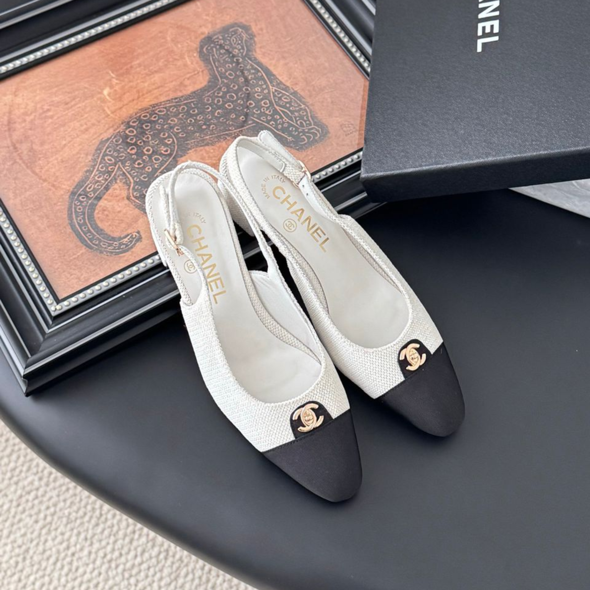 Chanel Iridescent Tweed Cap Toe CC Slingback Flats White Black