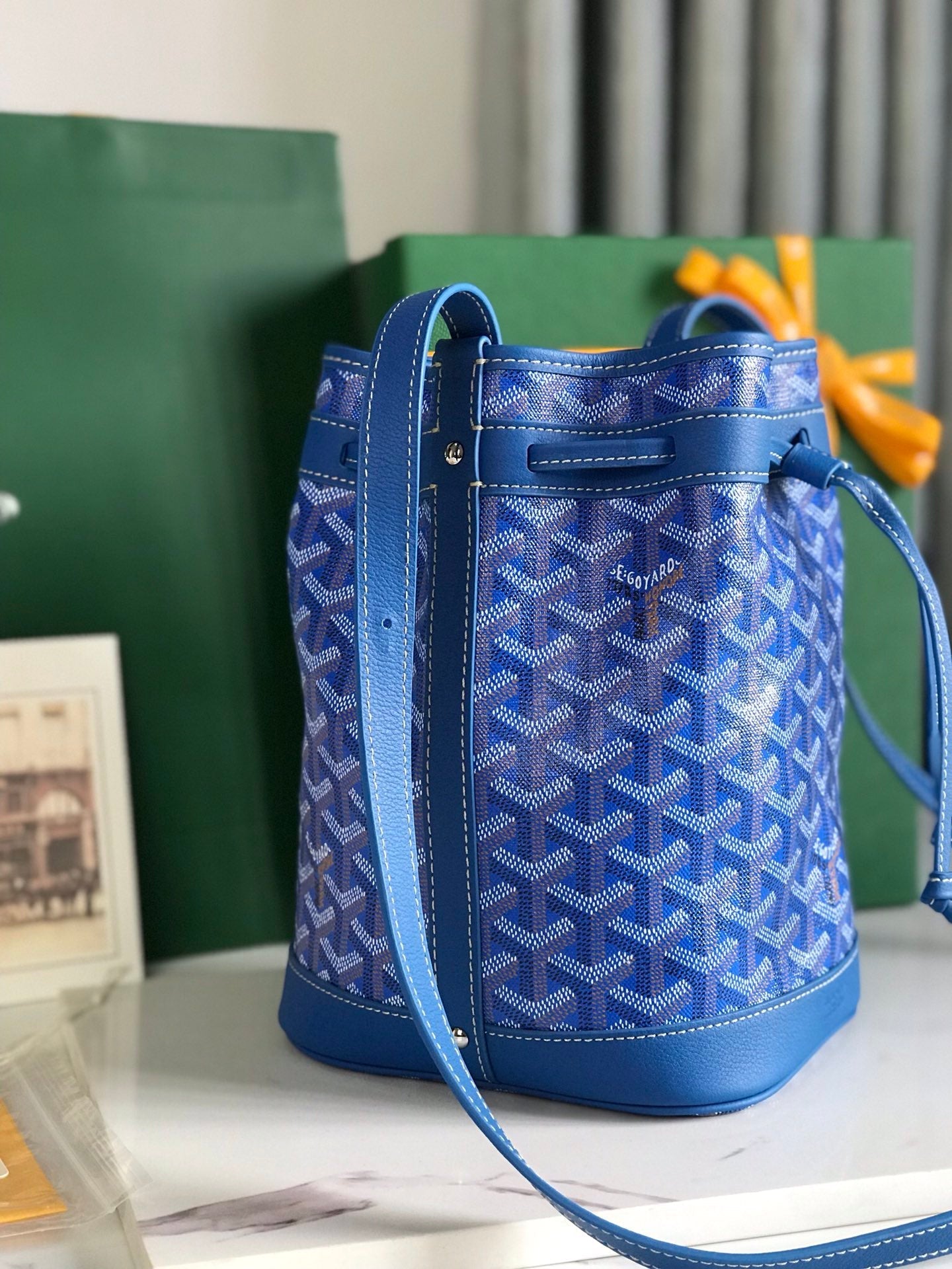 Goyard Petit Flot Bucket Bag 22 Cm Sapphire Blue Goyardine Canvas And Lambskin Trim
