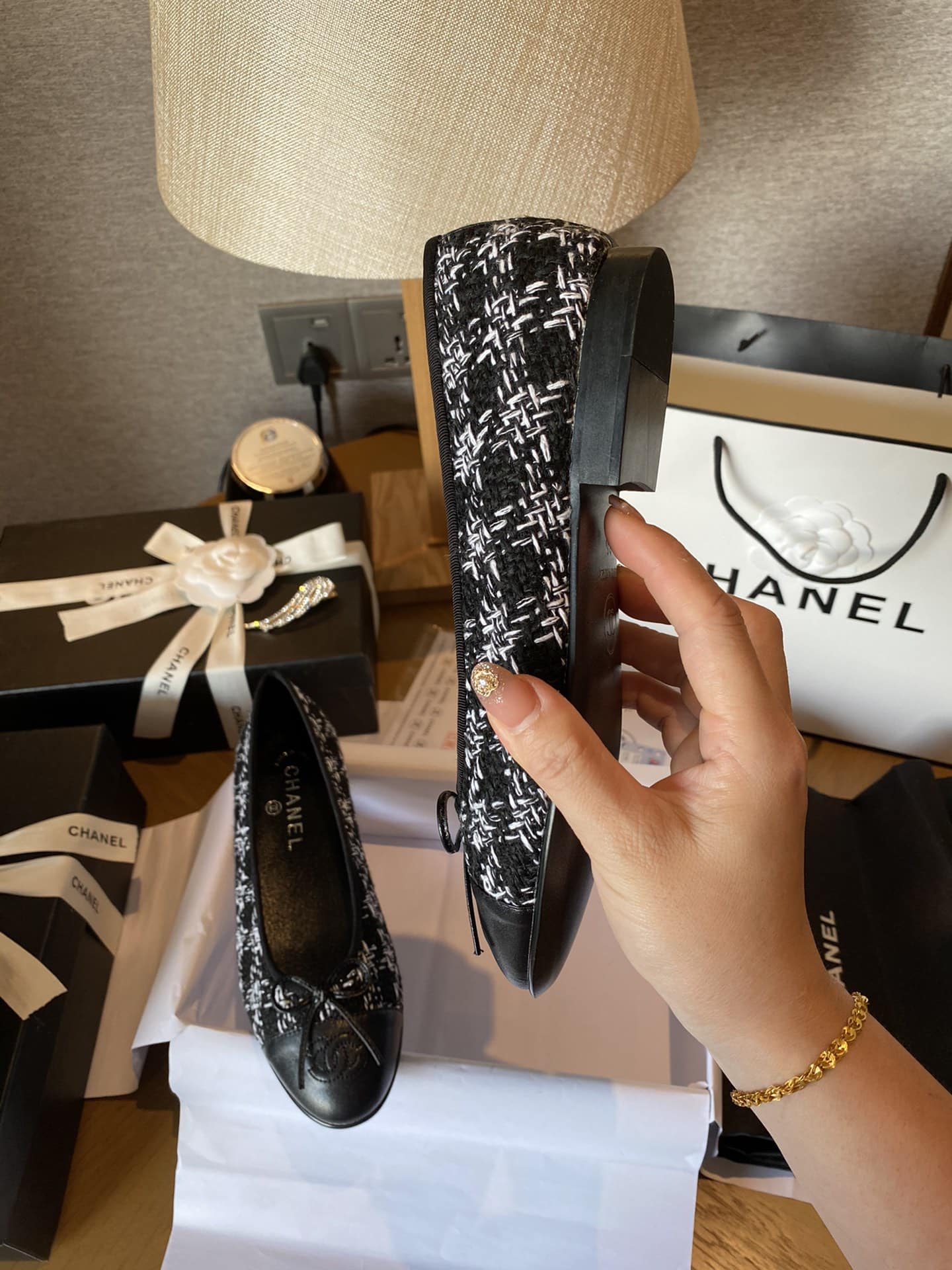 Chanel Plain Toe Rubber Sole Casual Style Tweed Black