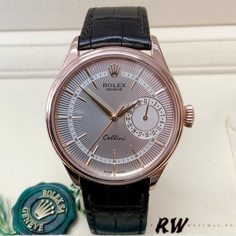 【Super Clone】Rolex Cellini Date 50515 Rose Gold Silver Guilloche Index Dial 39mm Mens Replica Watch