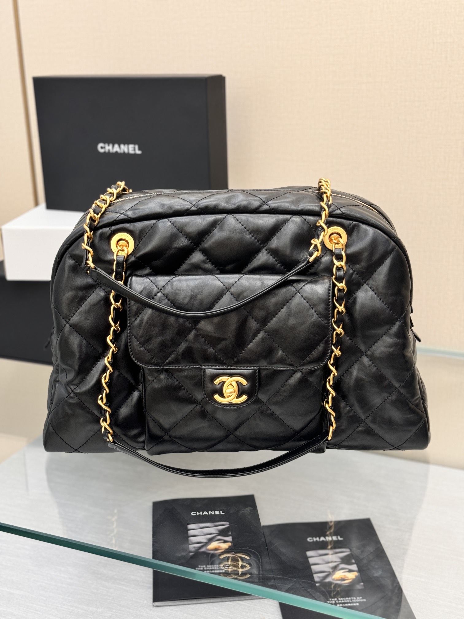 Quilted Waxed Calfskin Bowling Bag with Gold-Tone Hardware