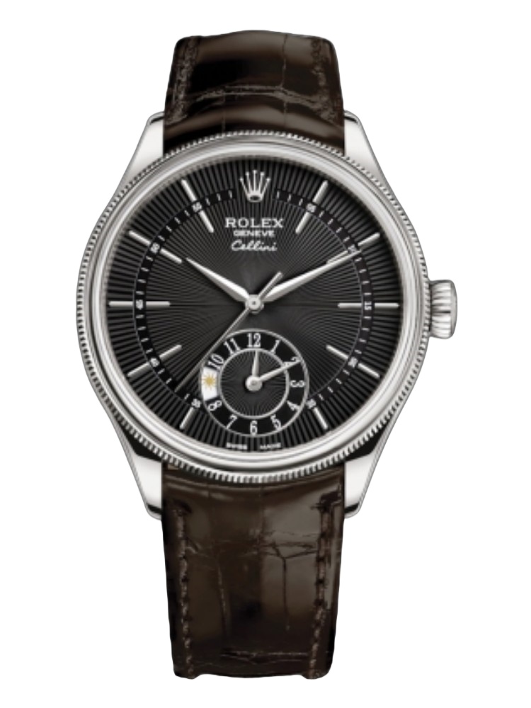 【Super Clone】Rolex Cellini Dual Time 50529 Black Dial Brown Leather Strap 39mm Mens Replica Watch