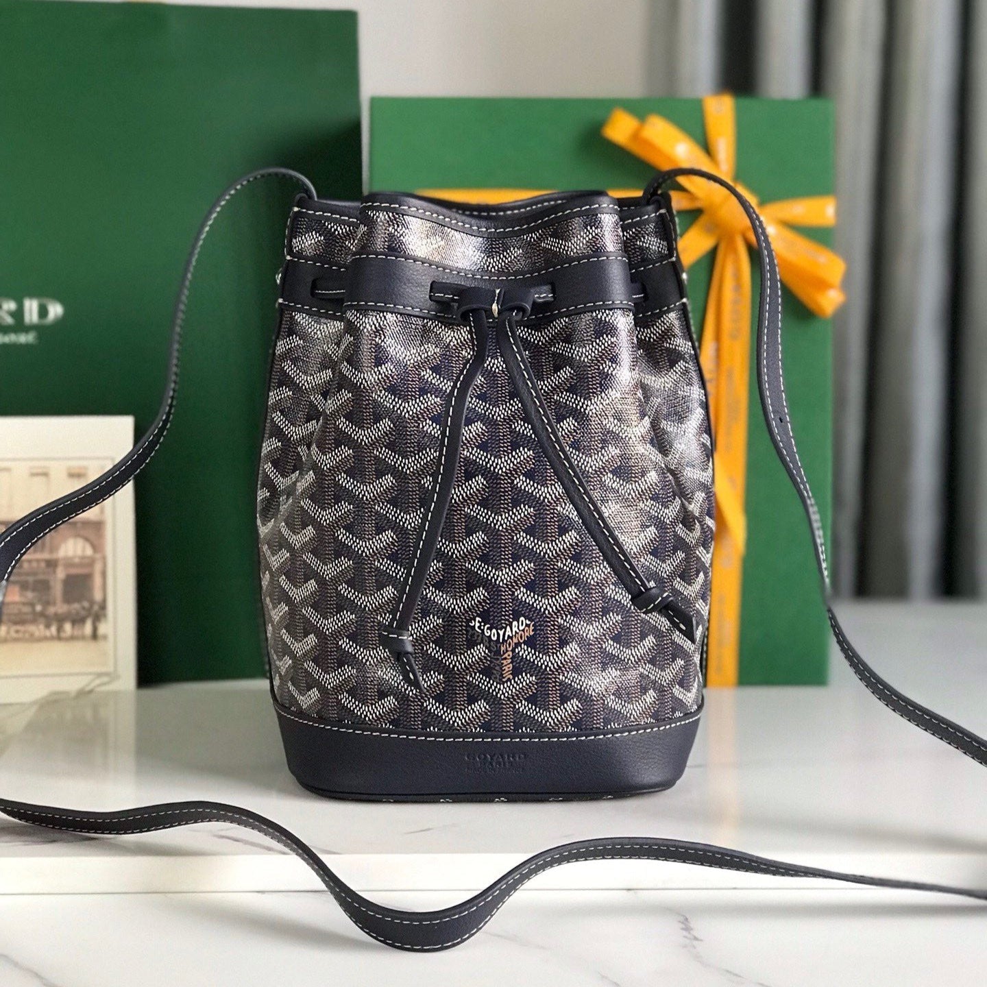 Goyard Petit Flot Bucket Bag 22cm Navy Blue Goyardine Canvas And Lambskin Trim