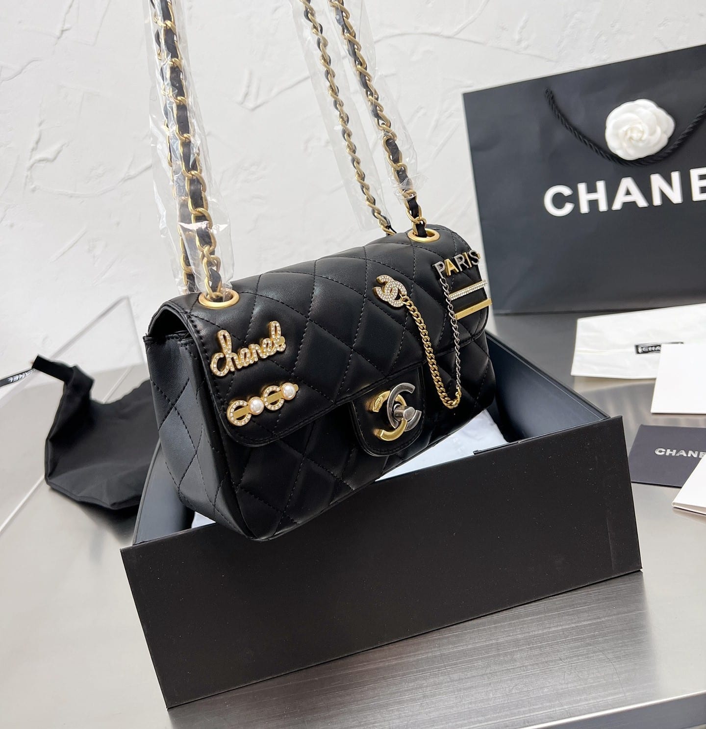 Chanel Quilted Mini Coco Clips Flap Gold And Ruthenium Hardware Black 20Cm