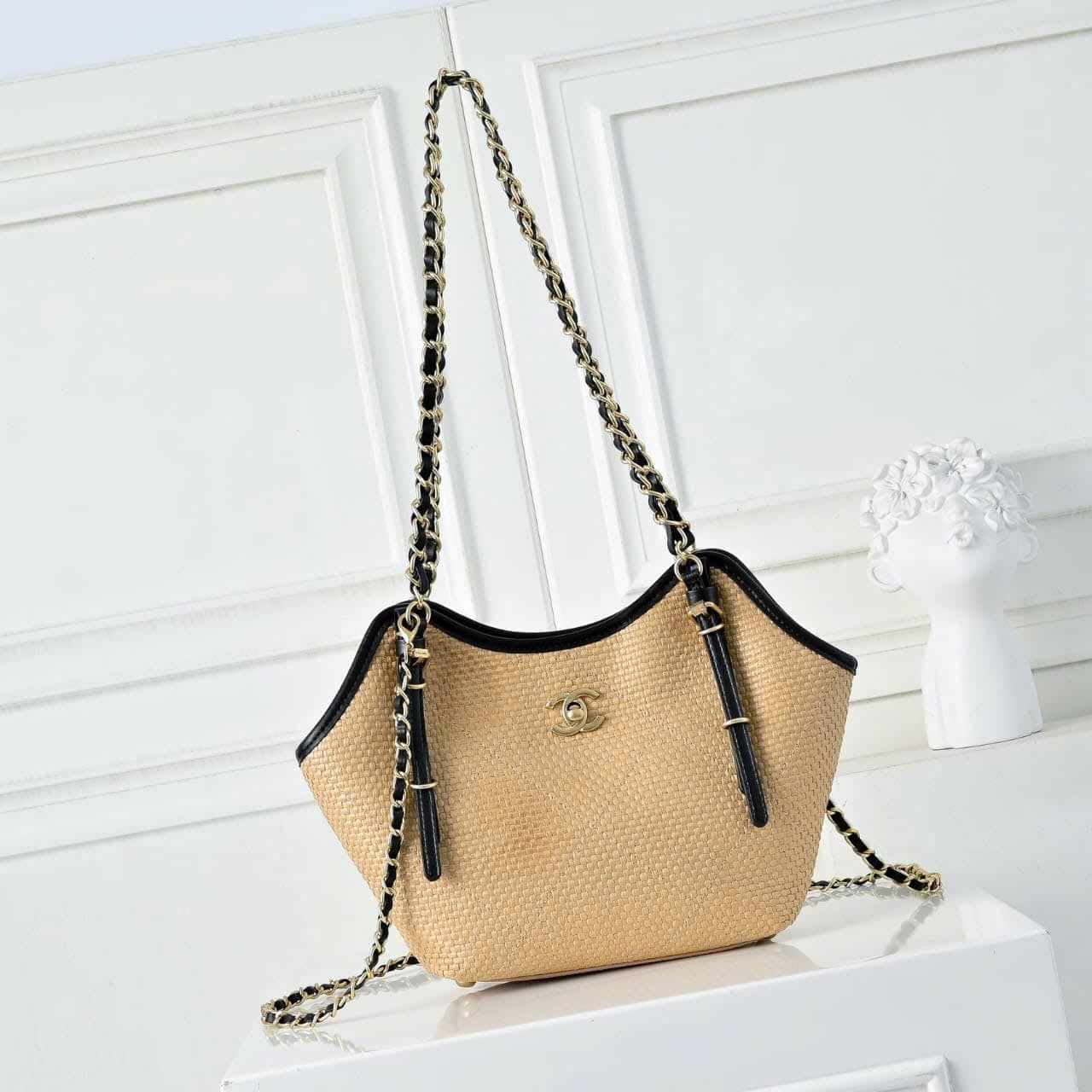 Chanel Medium Shopping Bag Braided Raffia And Gold Tone Metal In Beige 30Cm