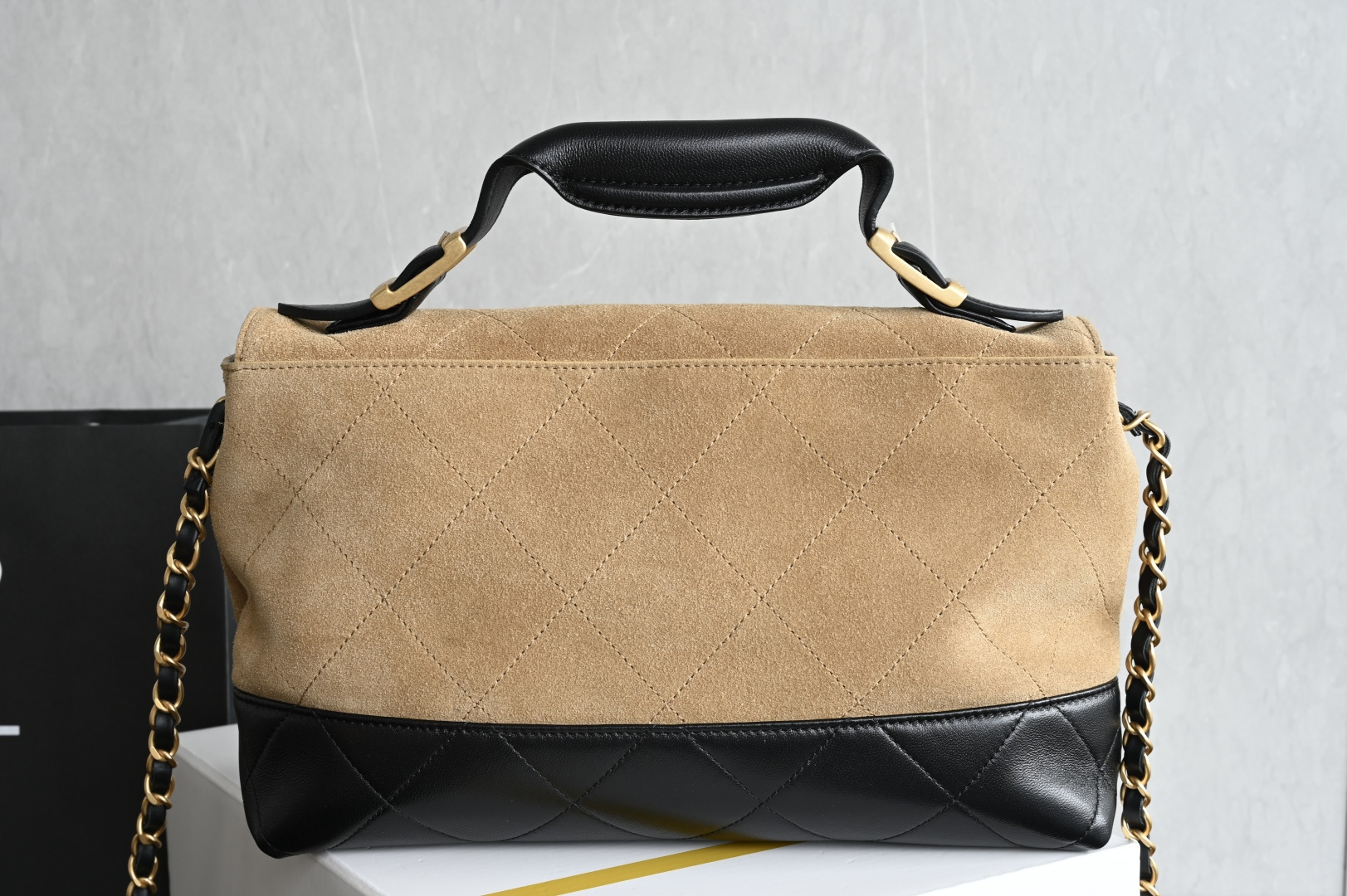 Large Flap Bag With Top Handle in Camel & Black Quilted Suede Lambskin and Shiny Lambskin with Gold-Tone Metal (Model AS5637)