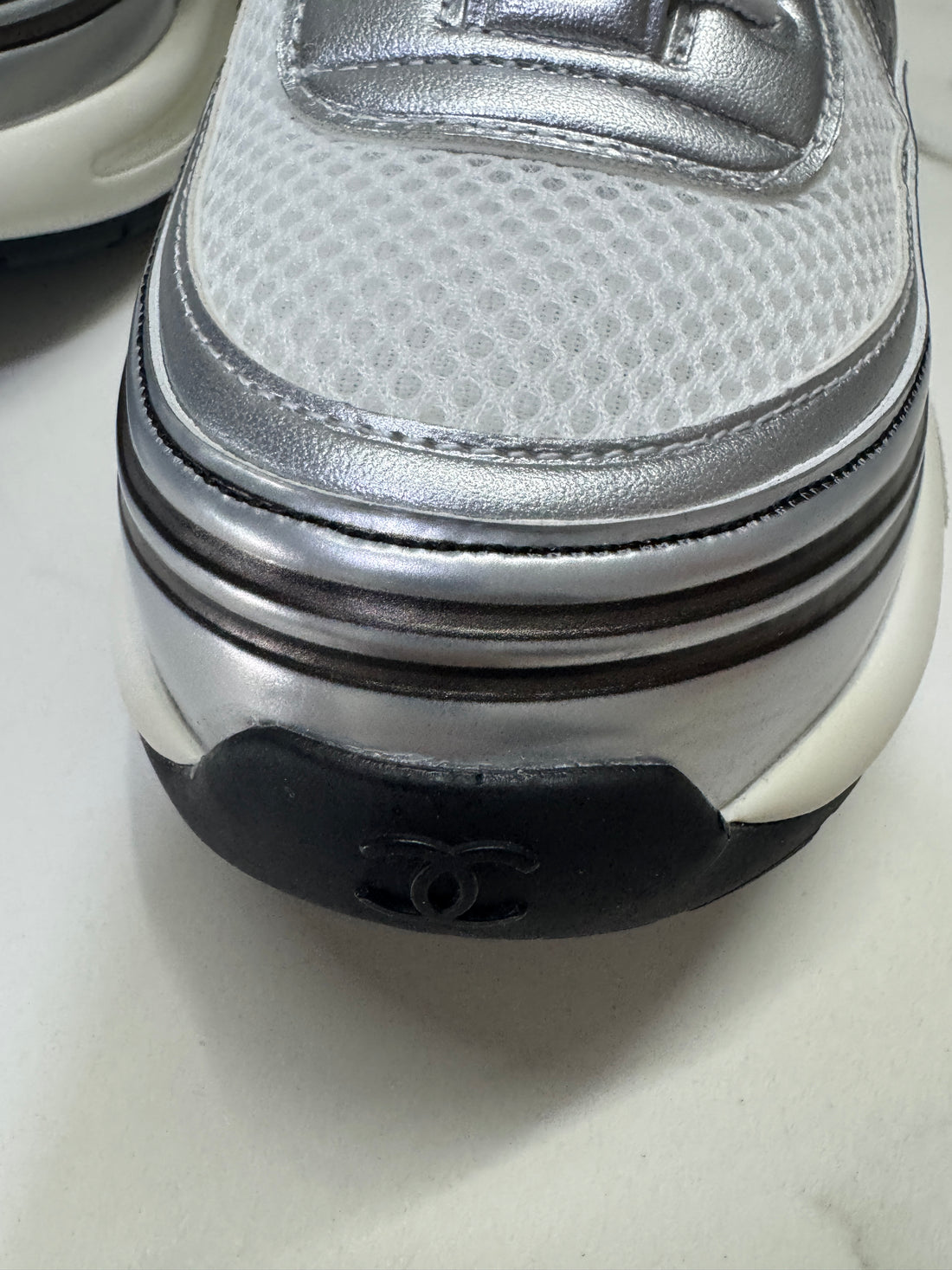 Chanel CC Logo Metallic Mesh Sneakers White/Silver