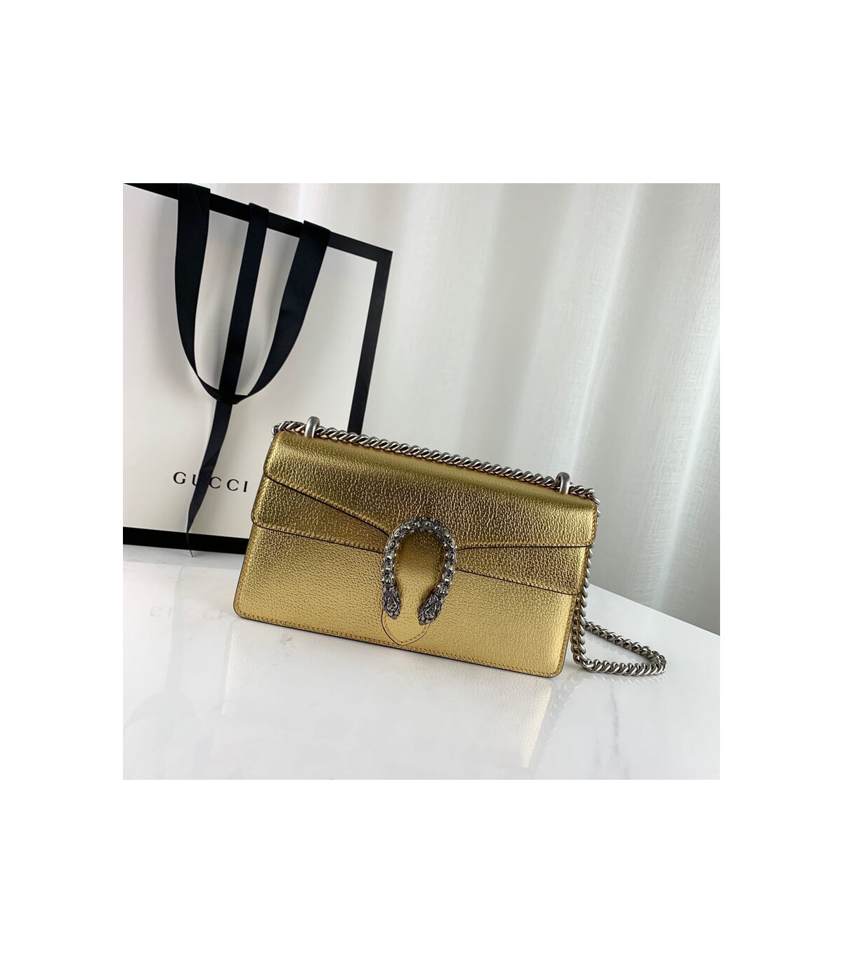 Gucci Dionysus Small Shoulder Bag in Gold Lame Leather