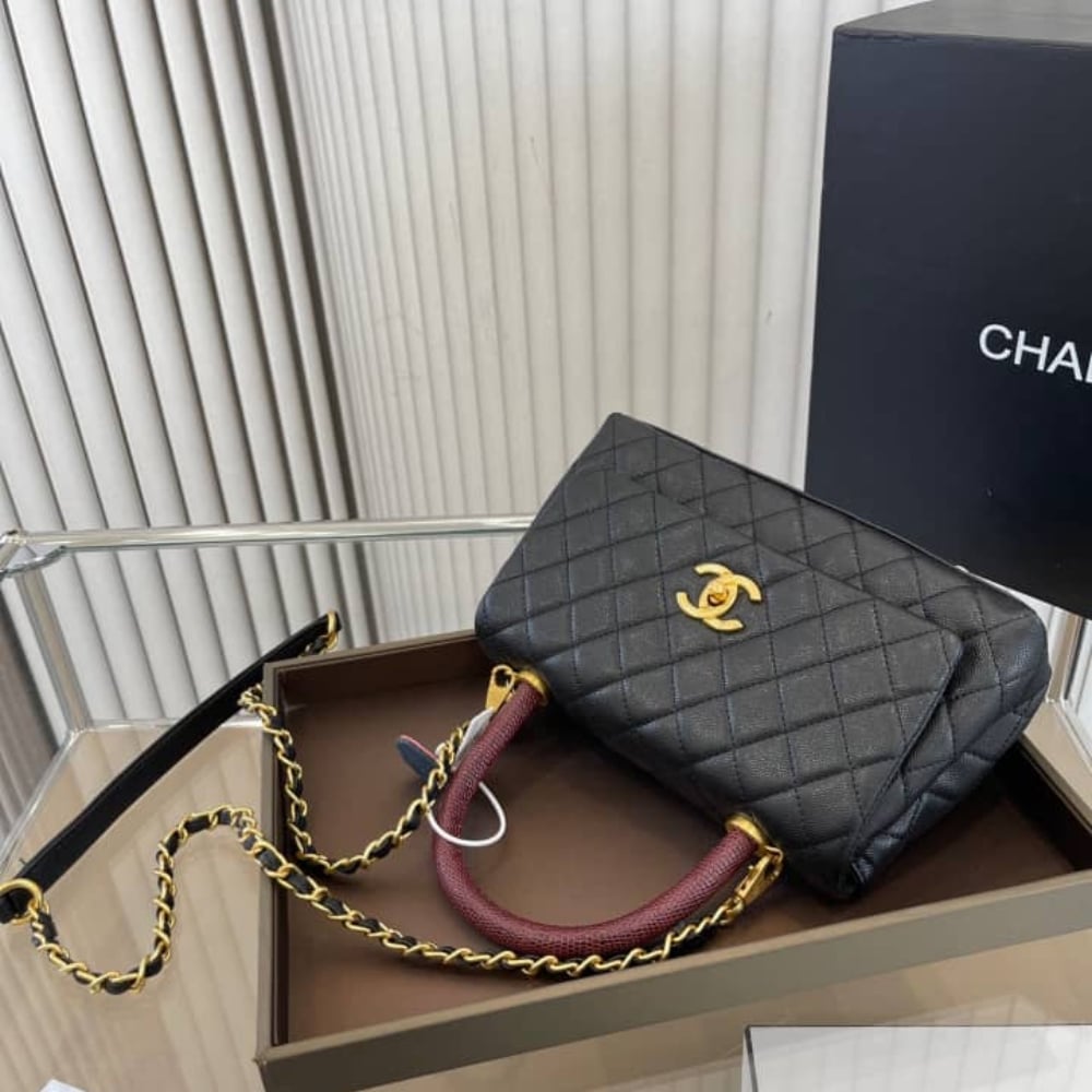 Chanel Coco Medium Grained Leather Top Handle Bag Black 23cm