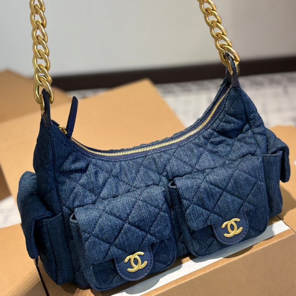 Chanel Large Hobo Bag Washed Denim And Gold Tone Metal Dark Blue 31Cm