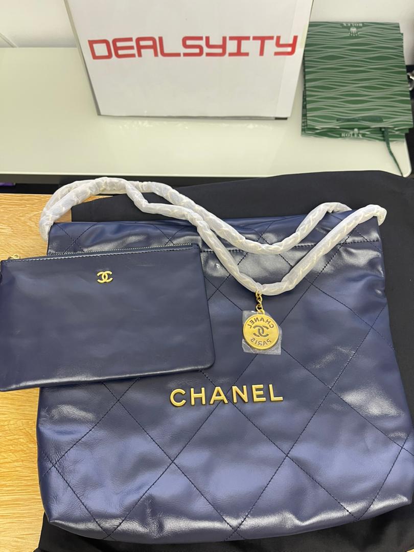 Chanel 22 Small Handbag Shiny Calfskin Blue Gold