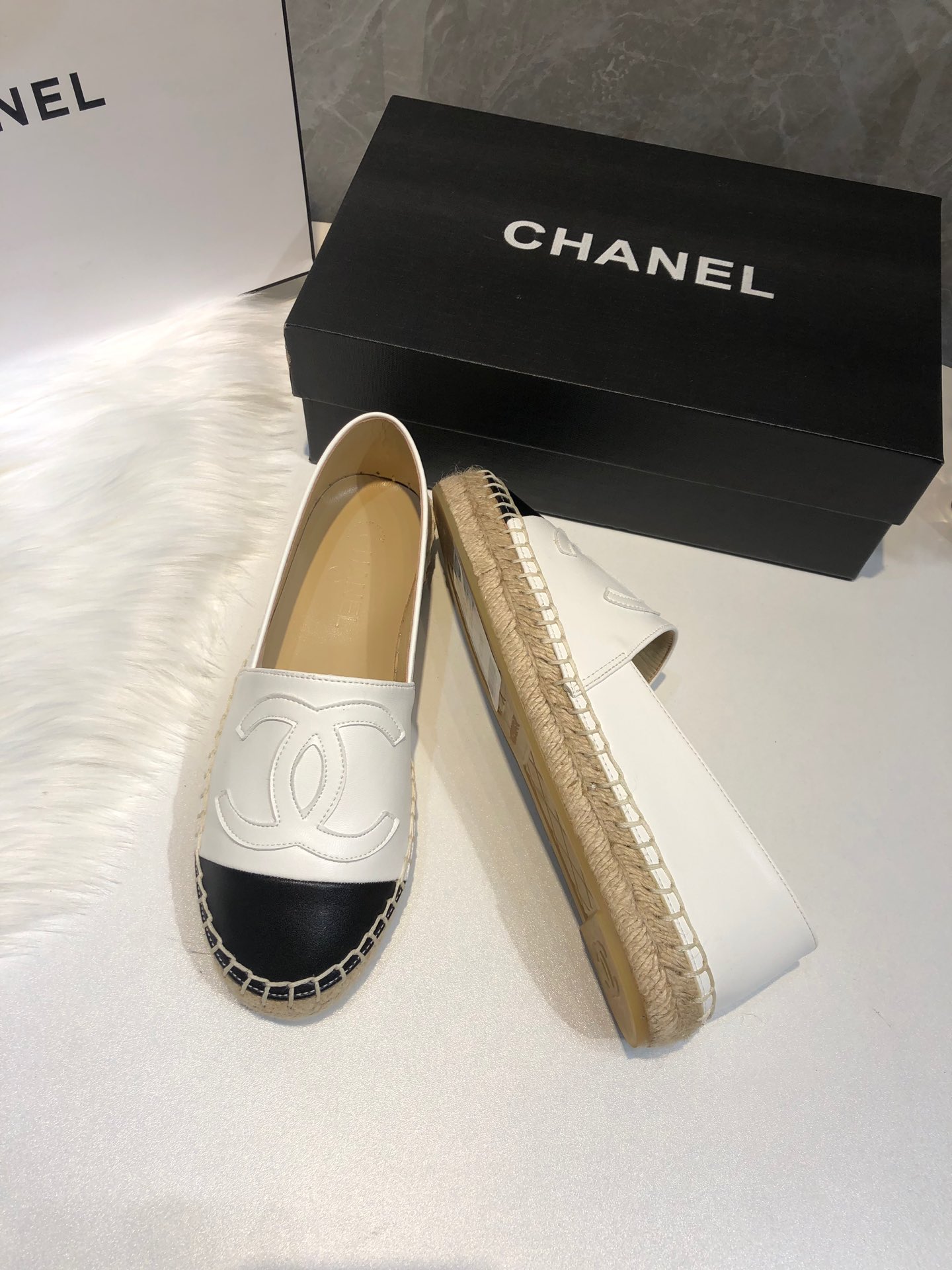 Chanel CC Embroidered Espadrille Leather Black Cap Toe Flats White