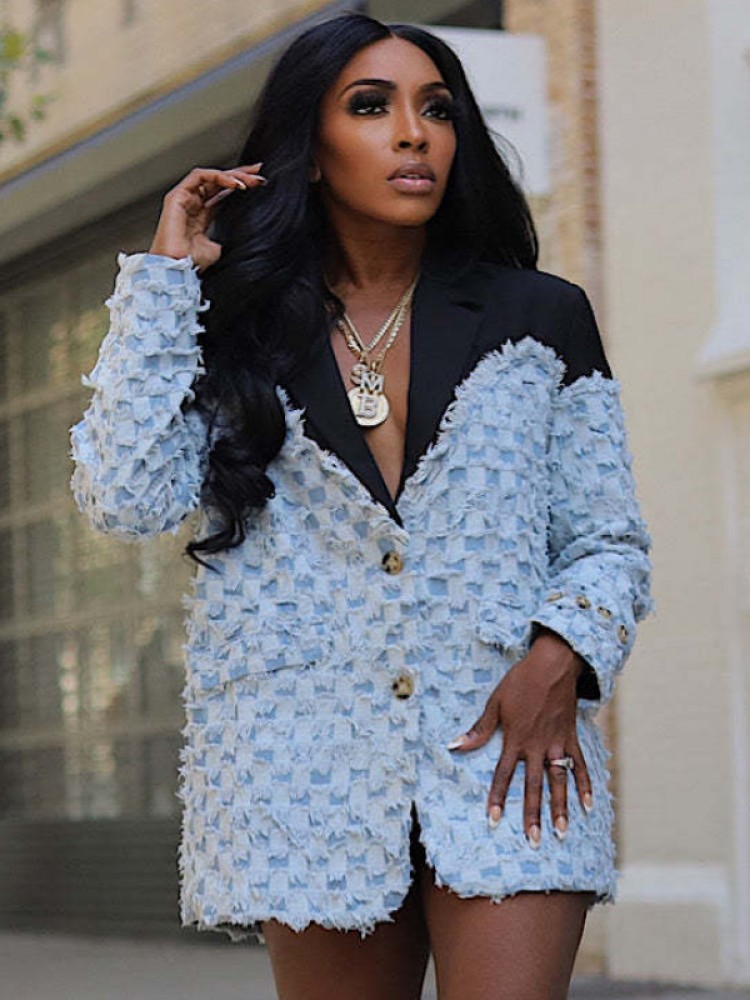 Colorblock Denim Plaid Buckle Lapel Blazers