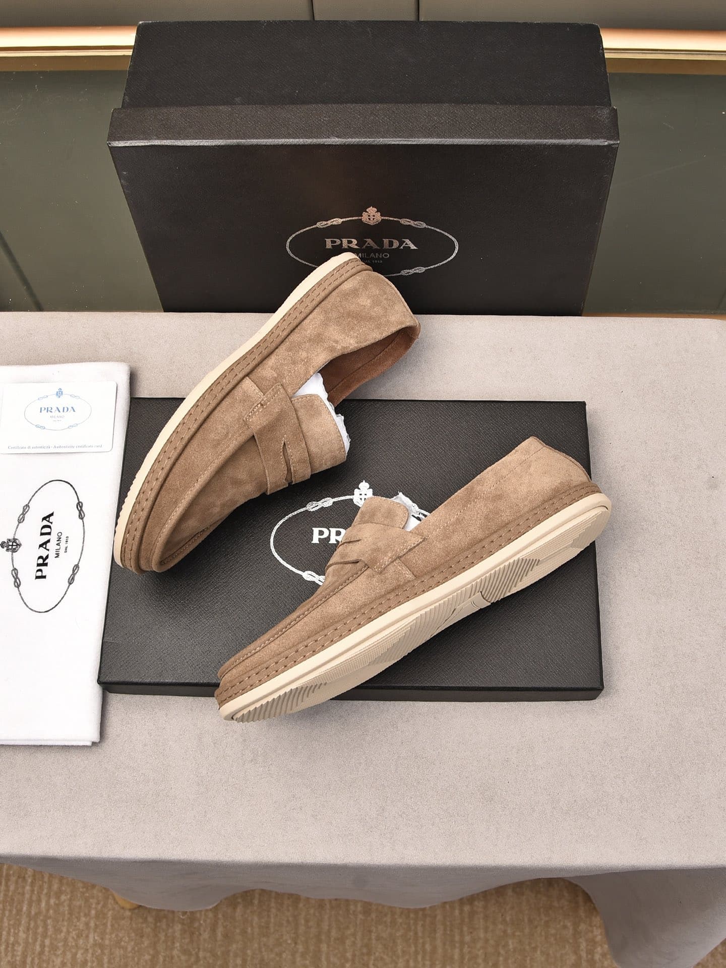 Prada Men’S Flat Loafers Suede Leather Brown