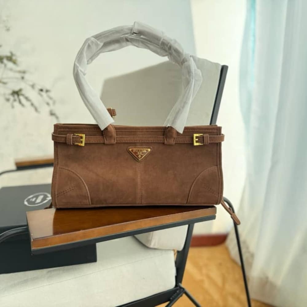 Prada Bonnie Medium Suede Handbag Brown 32Cm 1Ba426 2C4S F0401 V Moo