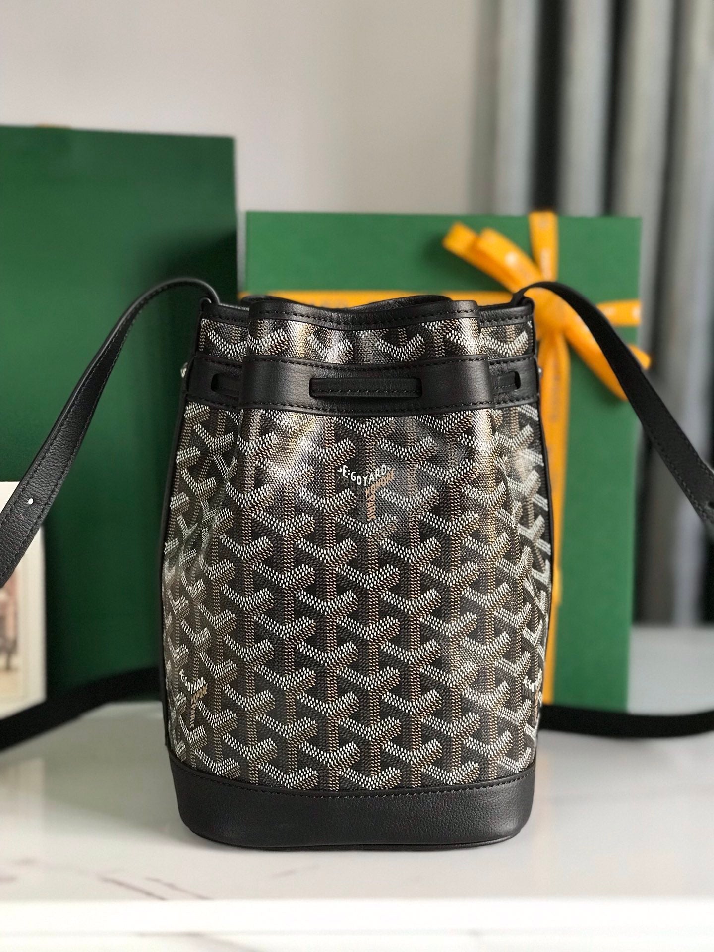Goyard Petit Flot Bucket Bag 22 Cm Black Goyardine Canvas And Lambskin Trim