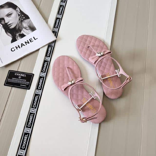 Chanel Pink Quilted Leather With White Camellia Cc Logo Bow Thong Sandals