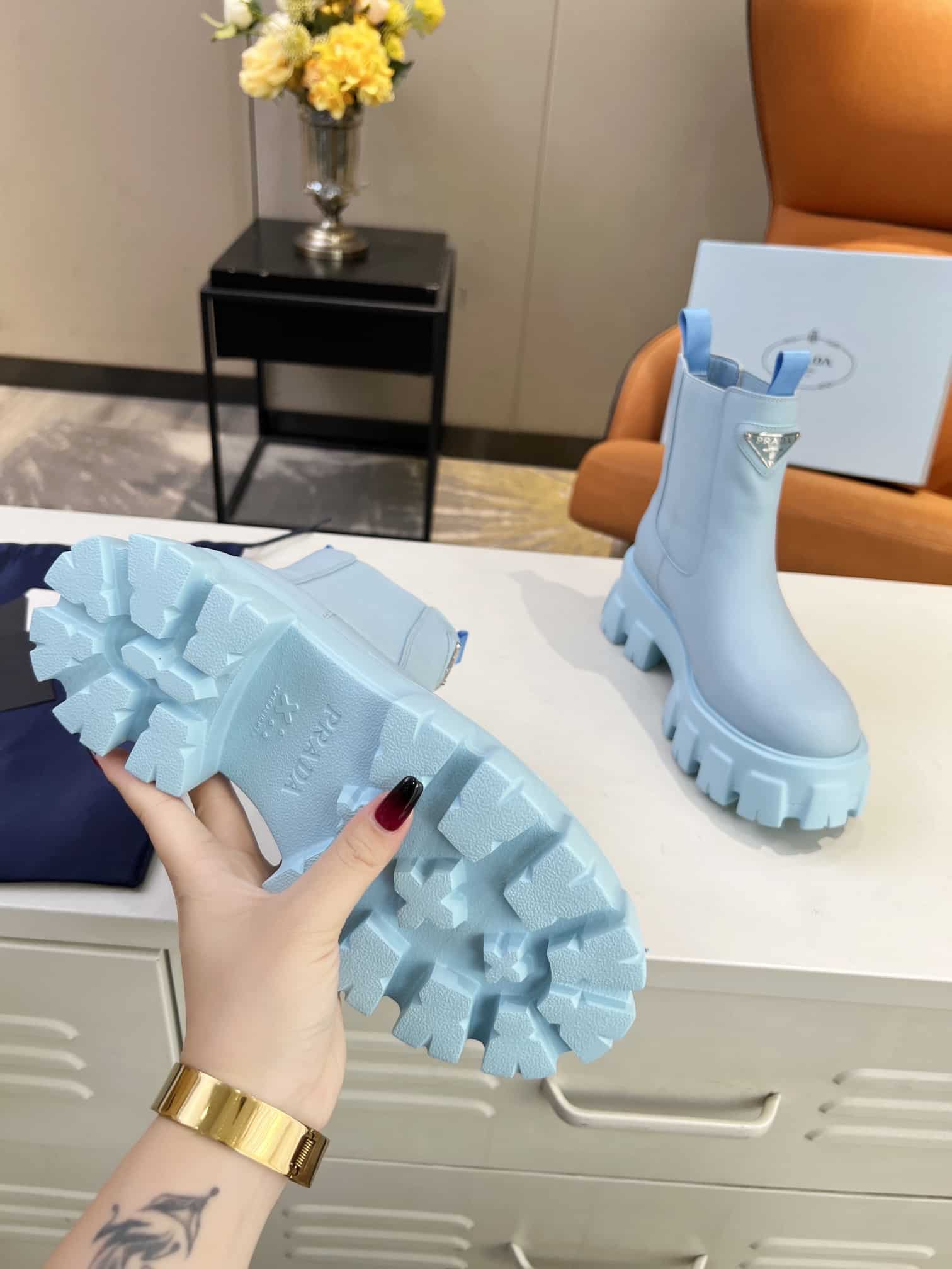 Prada Monolith Brushed Leather Booties Blue