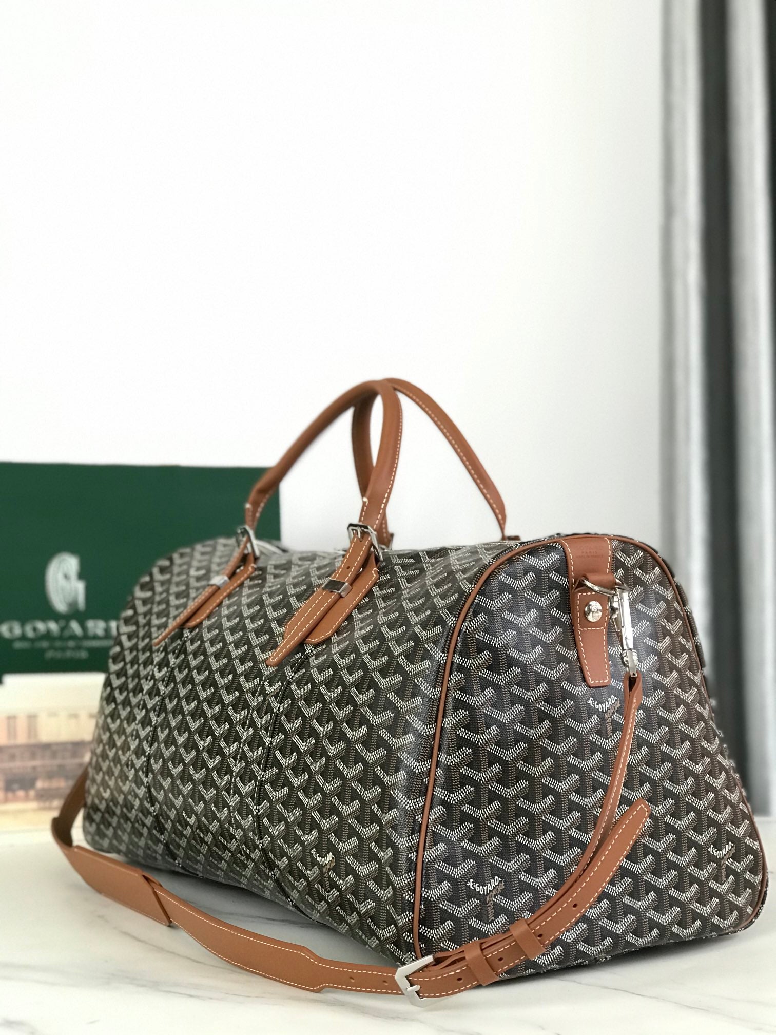 Goyard Boston 50 Bag Cm Black Goyardine Canvas And Tan Calfskin Trim
