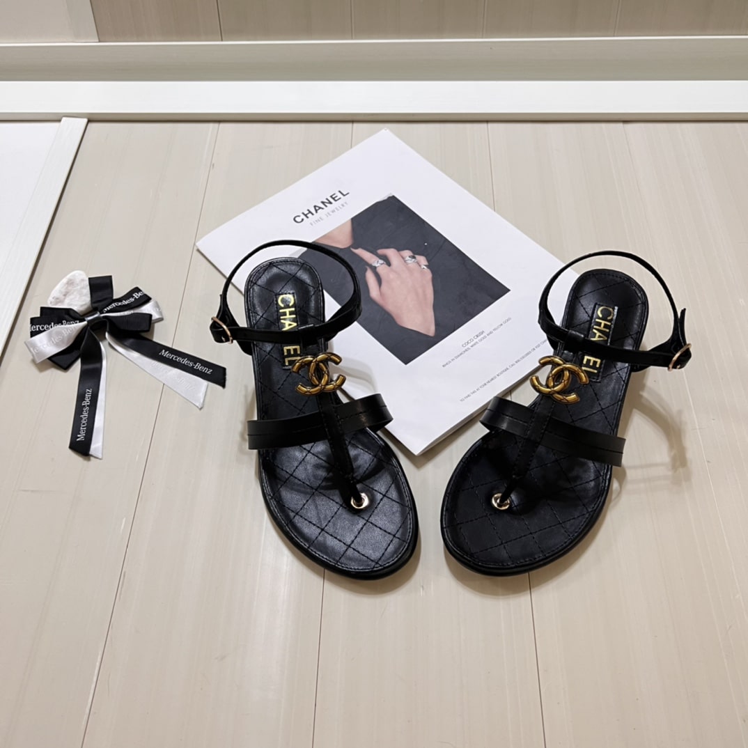 Chanel Sandal Open Round Toe Flip Flops Black