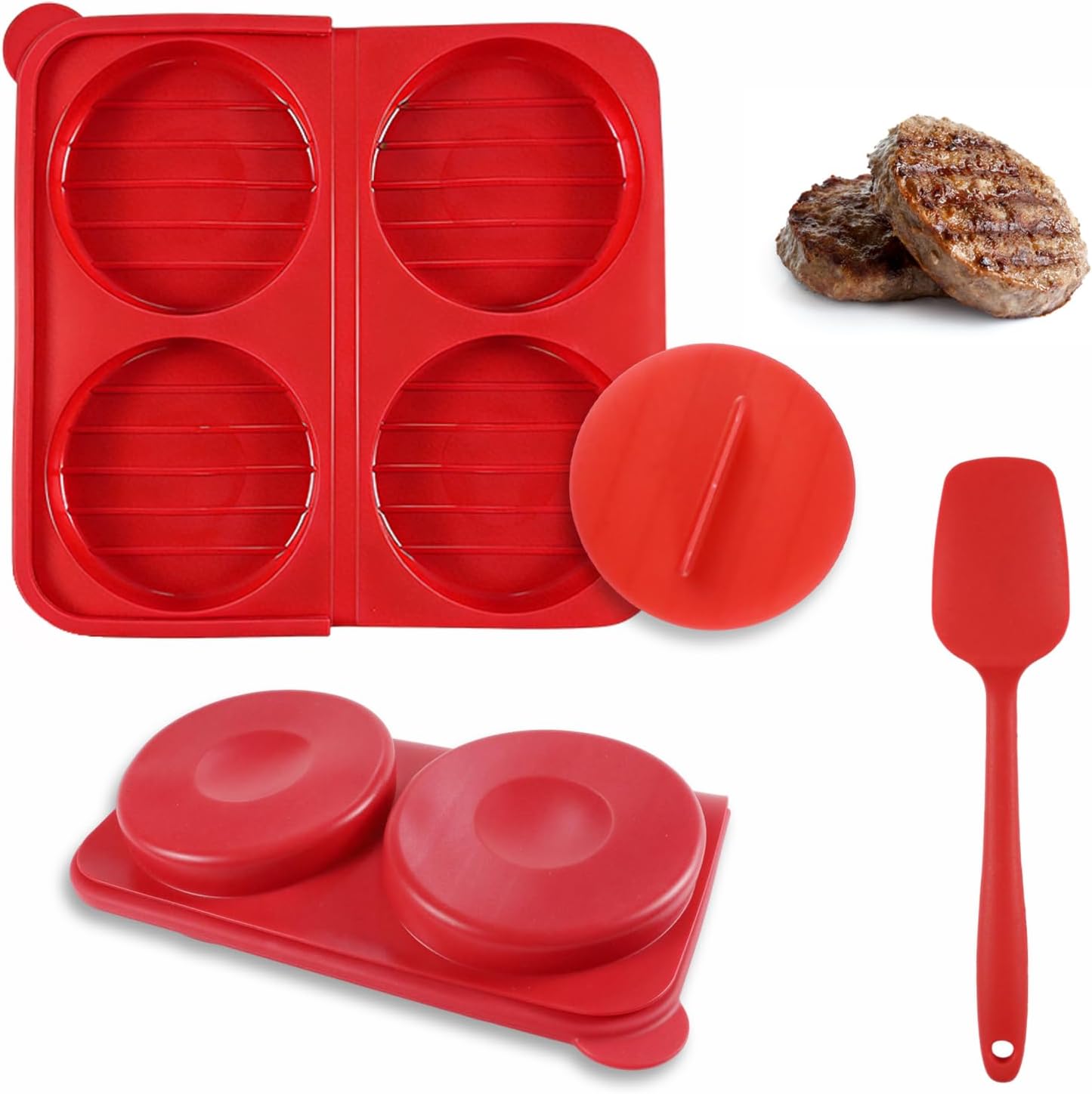 Cavity Silicone Burger Mold with Silicone Spatula Non-Stick Hamburger Press Patty Maker