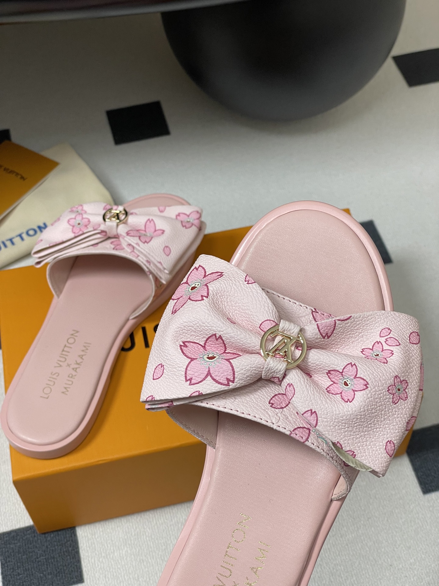 Louis Vuitton x Takashi Murakami Lily Flat Mule Bow Slide Sandals Pink- White 1AGVYA