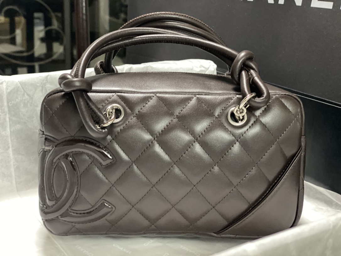 Cambon Mini Quilted Lambskin Boston Bag in Dark Brown (Silver Hardware)