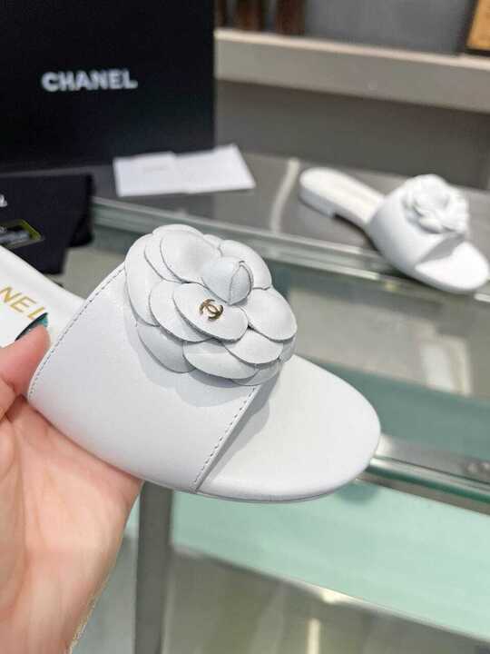 Chanel Camellia Slides White