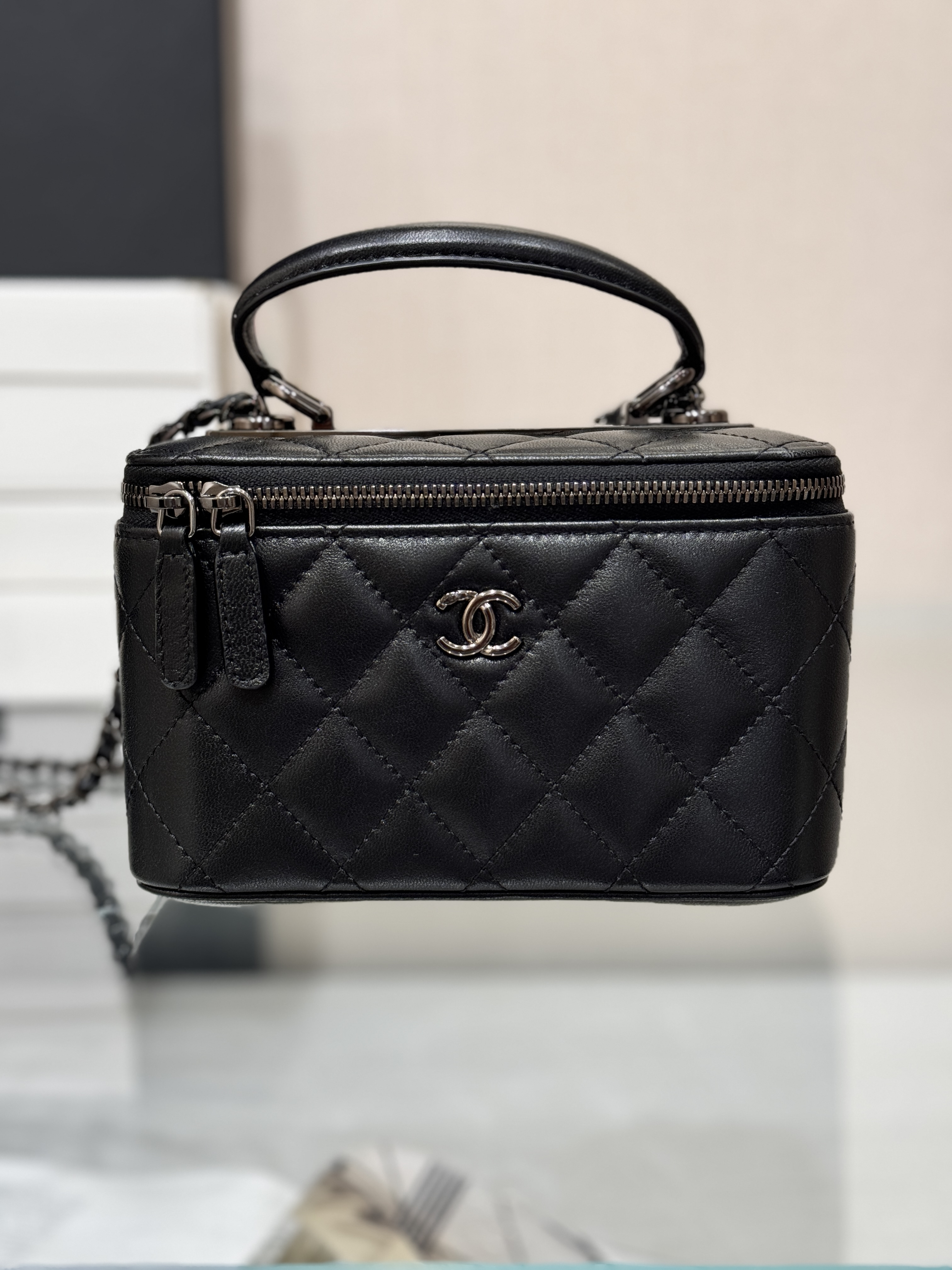 Black Quilted Lambskin Vanity Case with Chain Strap
