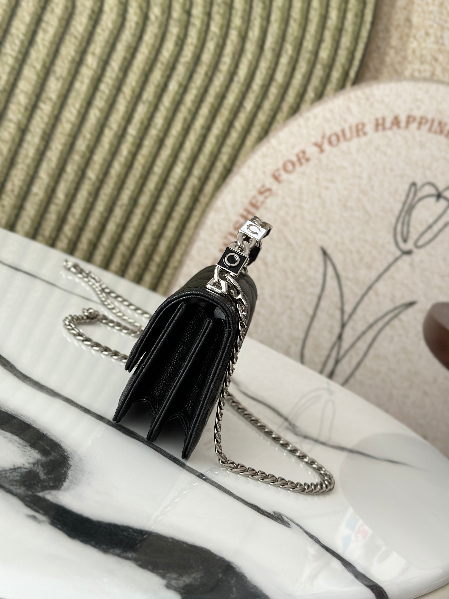 Mini Classic Flap with Chain Top Handle in Black Quilted Caviar Leather with Silver-Tone Hardware