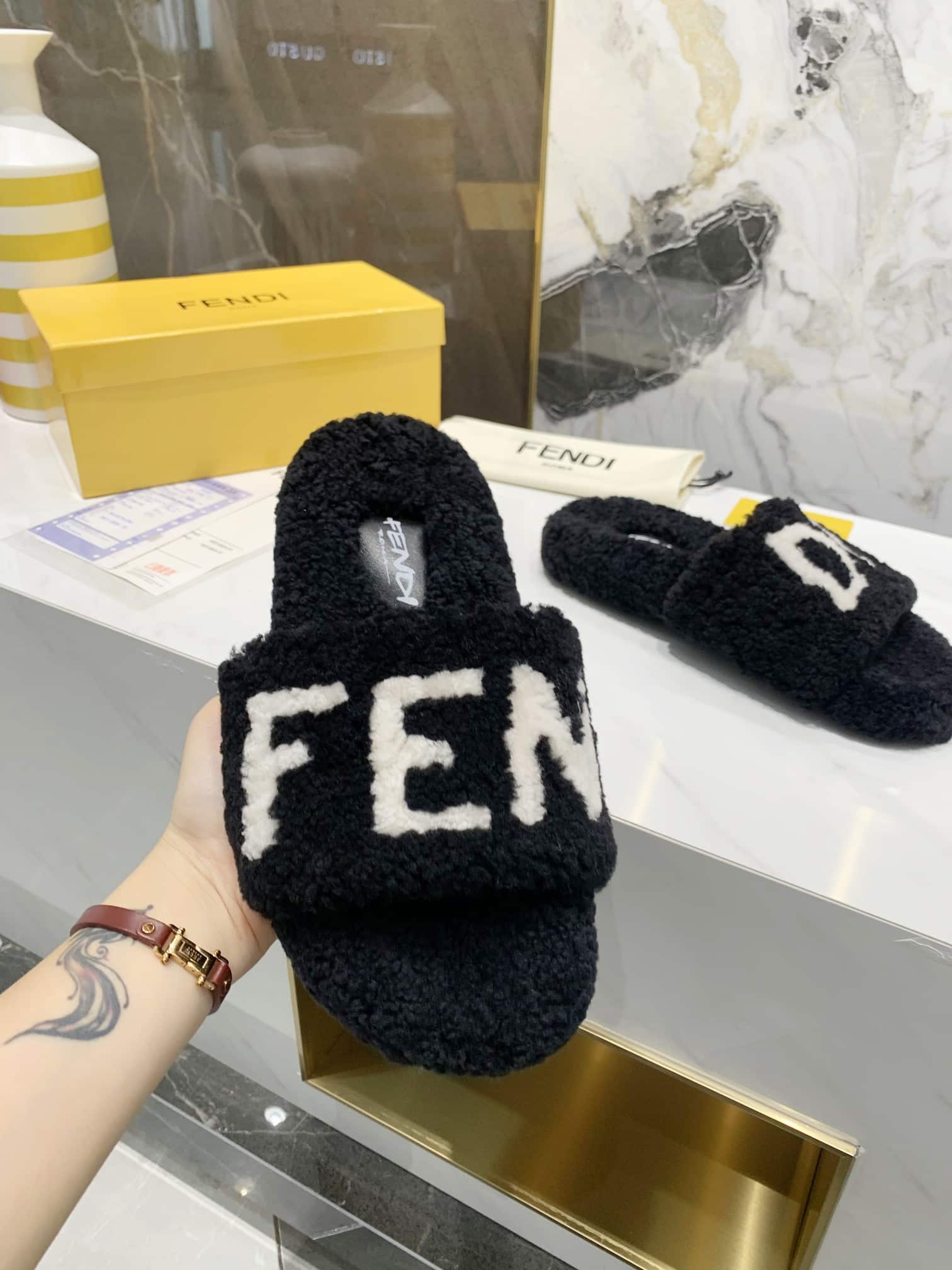 Fendi Shearling Slides Black