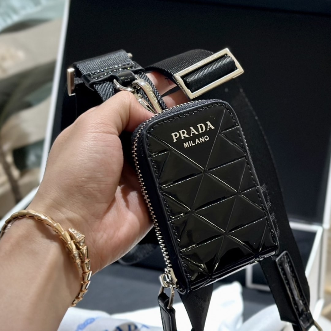 Prada Brique Brushed Leather Bag With Triangle Motif Black 18Cm