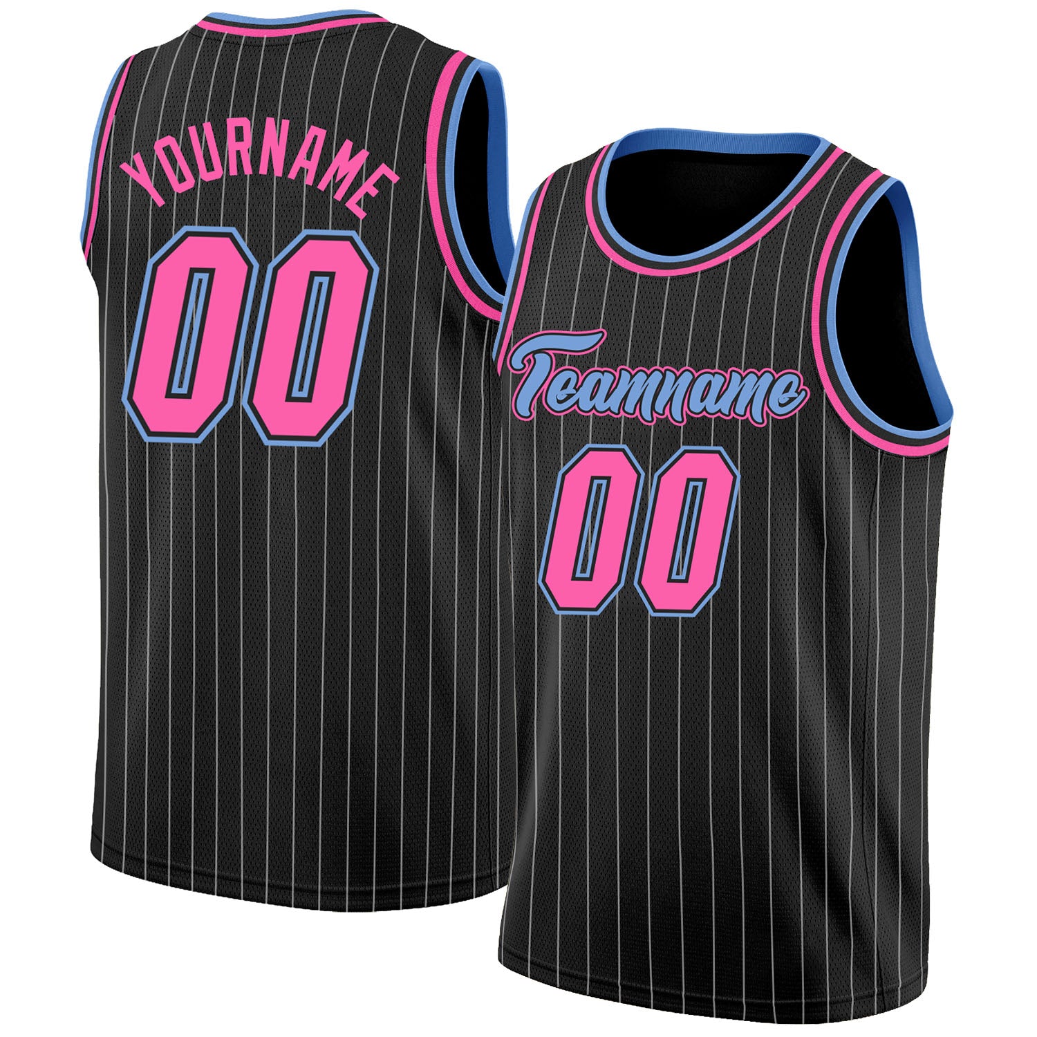 Custom Black White Pinstripe Pink-Light Blue  Basketball Jersey