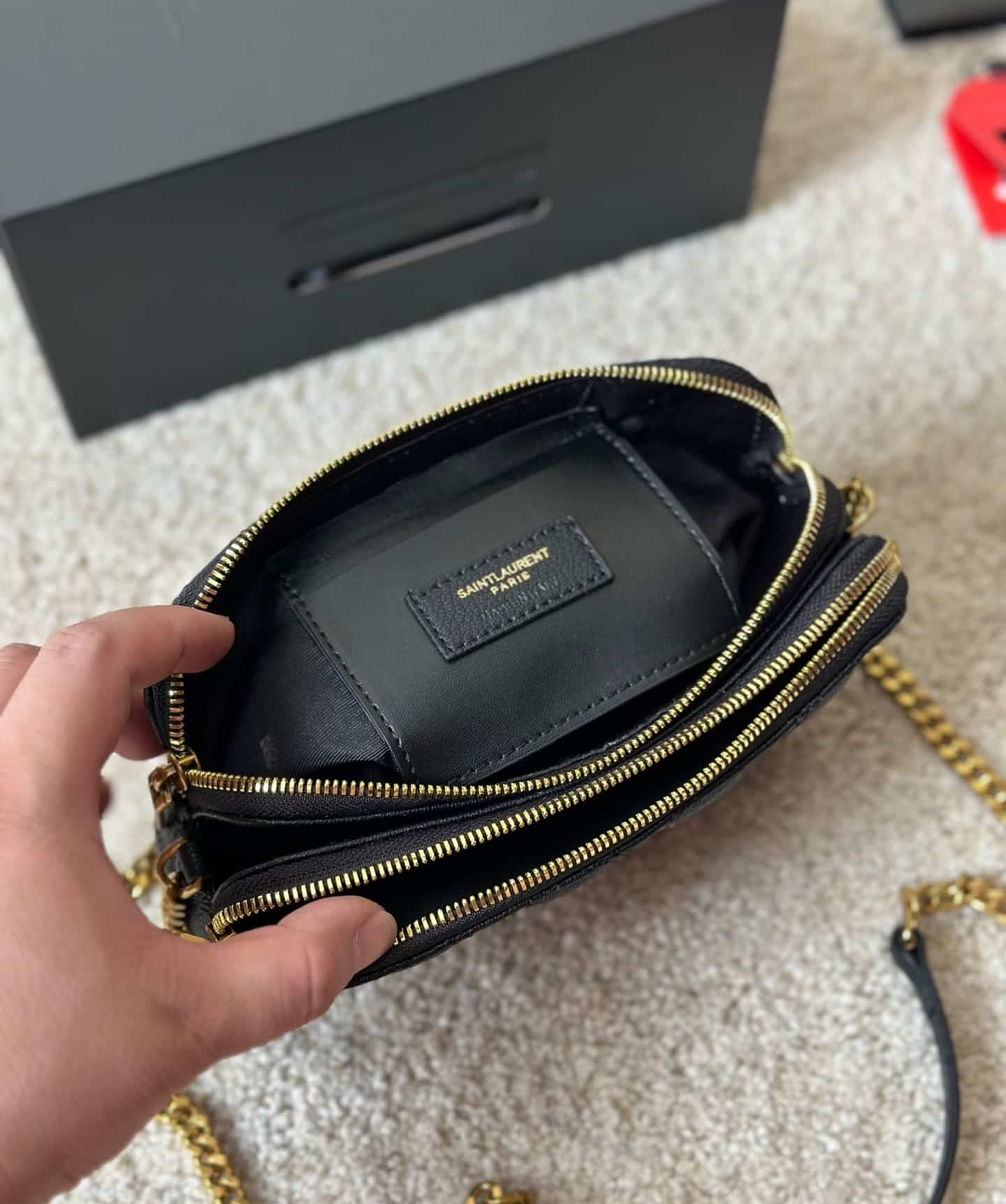 Saint Laurent Becky Quilted Double Zip Pouch Bag Black 20Cm
