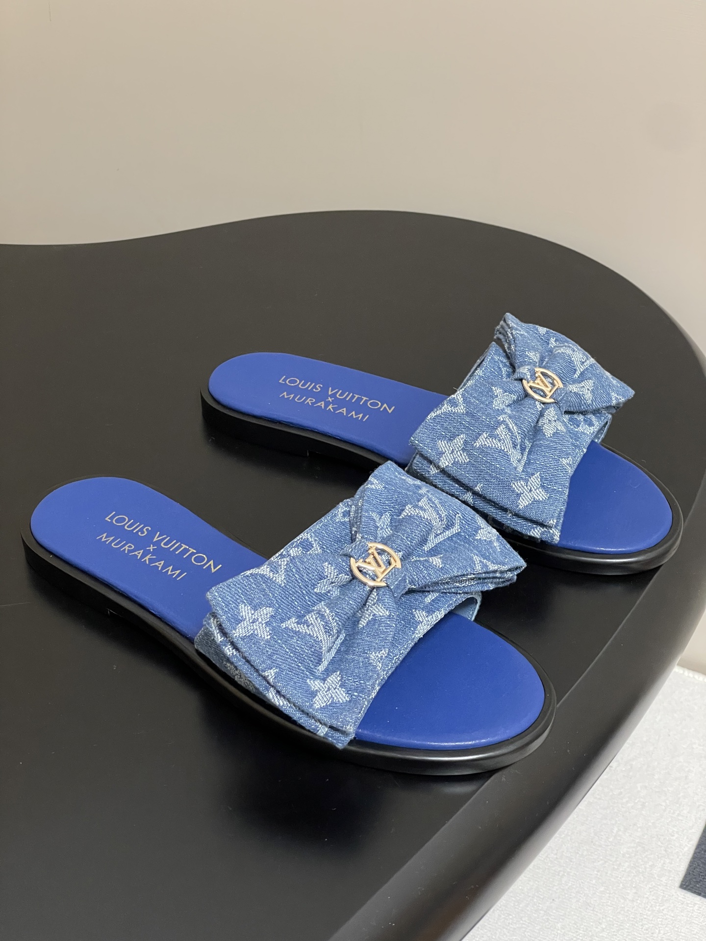 Louis Vuitton x Takashi Murakami Lily Flat Mule Bow Slide Sandals Blue Canvas 1AGVYA