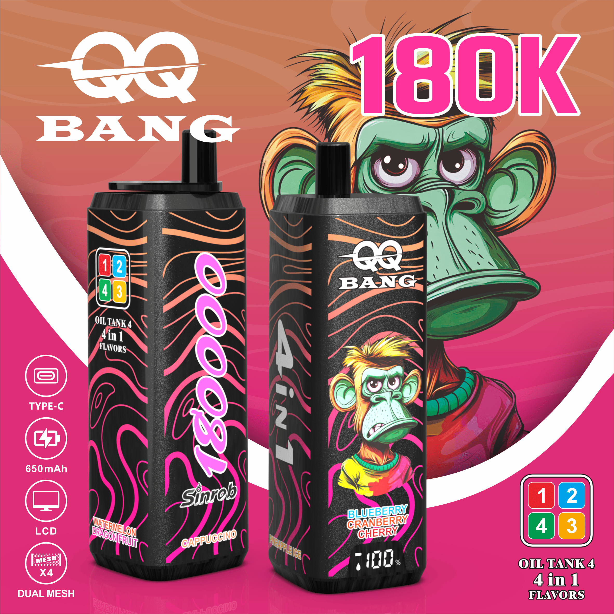QQ BANG 180K Puffs Prefilled Hookah Vape |  Rechargeable