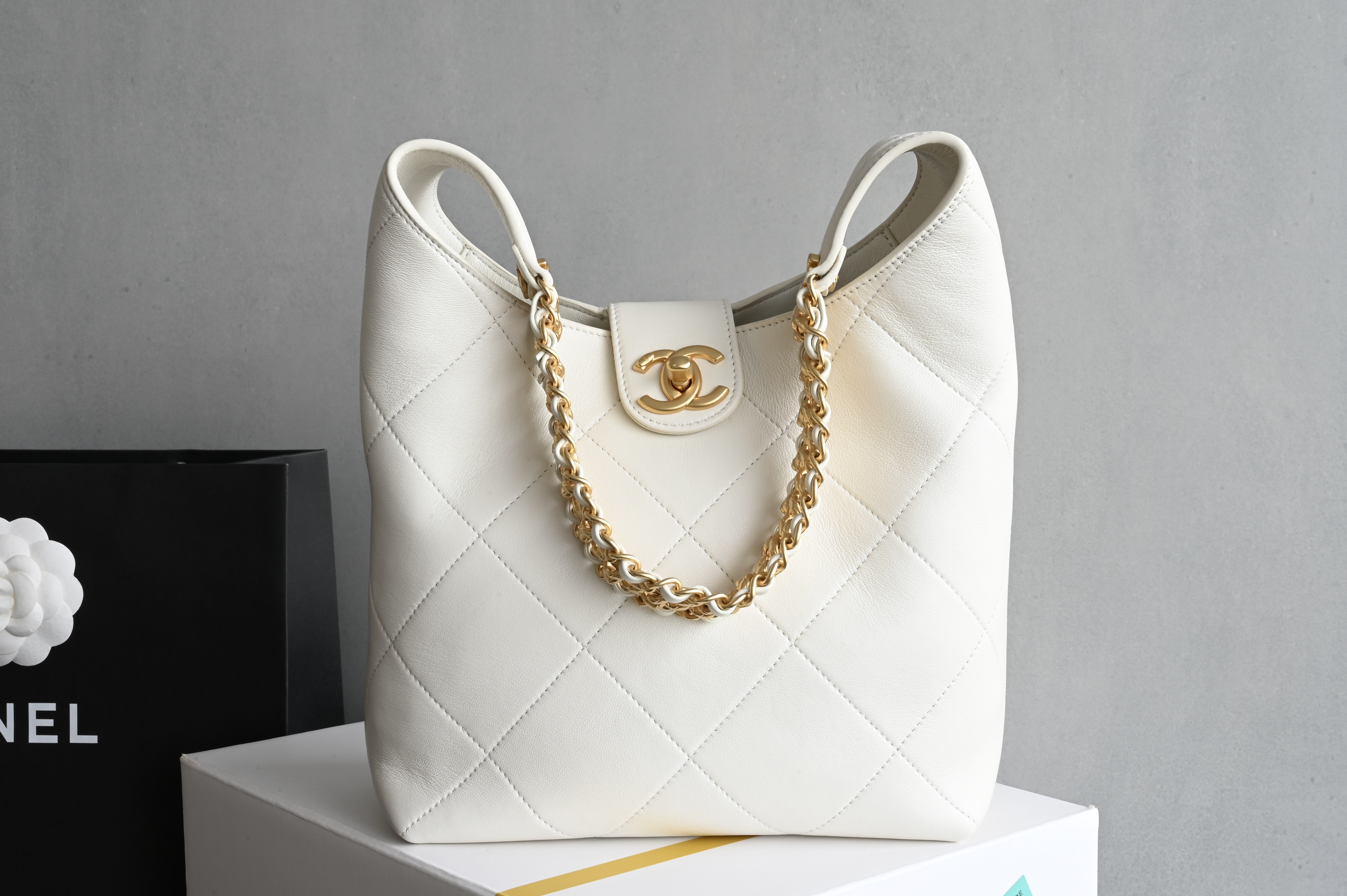 MAXI HOBO Bag in White Shiny Lambskin with Gold-Tone Hardware (Model AS5838)