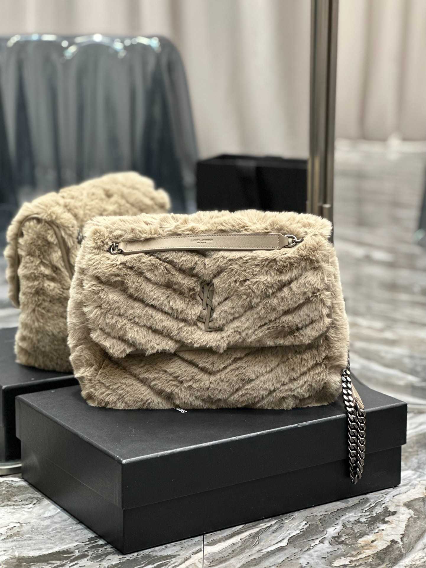 Saint Laurent Niki Medium Chain Bag In Shearling Brown