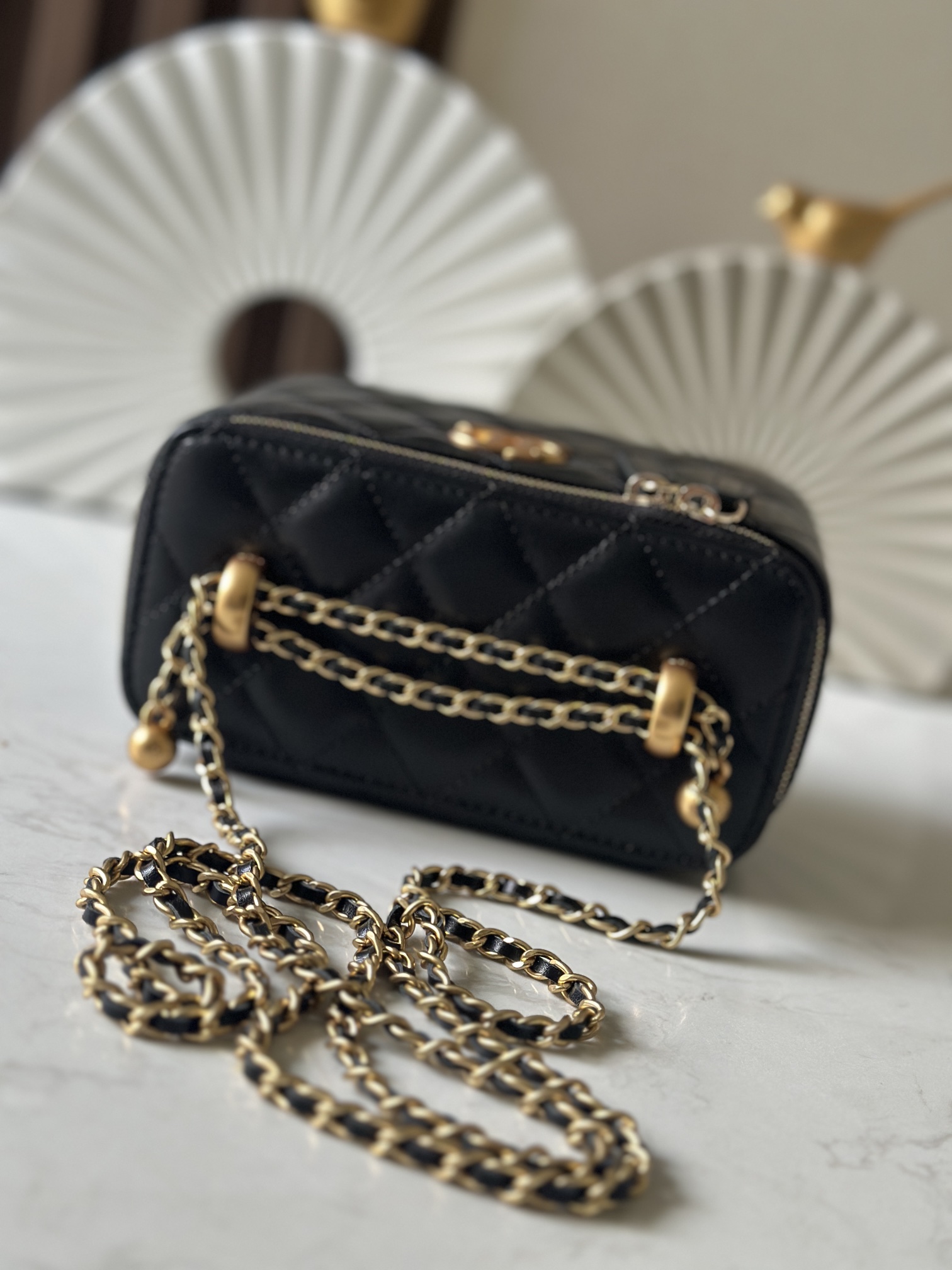 Black Shiny Lambskin Quilted Vanity Case (Long Style) with Double Gold Pearl Chain Hardware