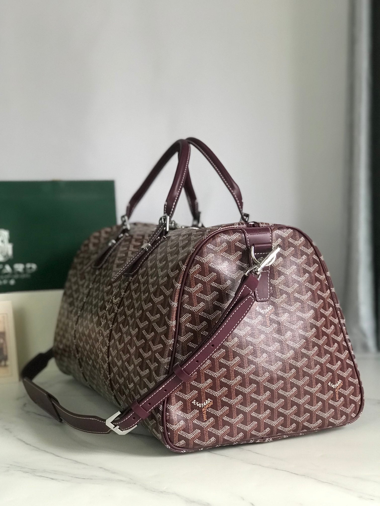 Goyard Boston 50 Bag Cm Wine Red Goyardine Canvas And Calfskin Trim