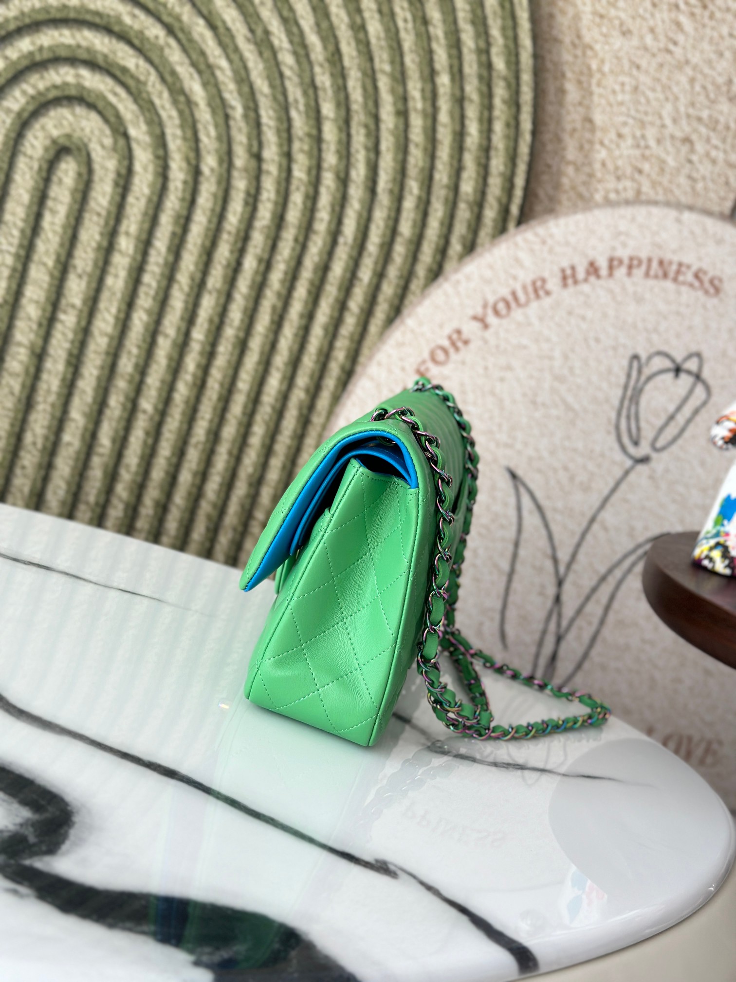 Classic Flap Medium Bag in Avocado Green Lambskin with Iridescent Rainbow Hardware (Model A01112)