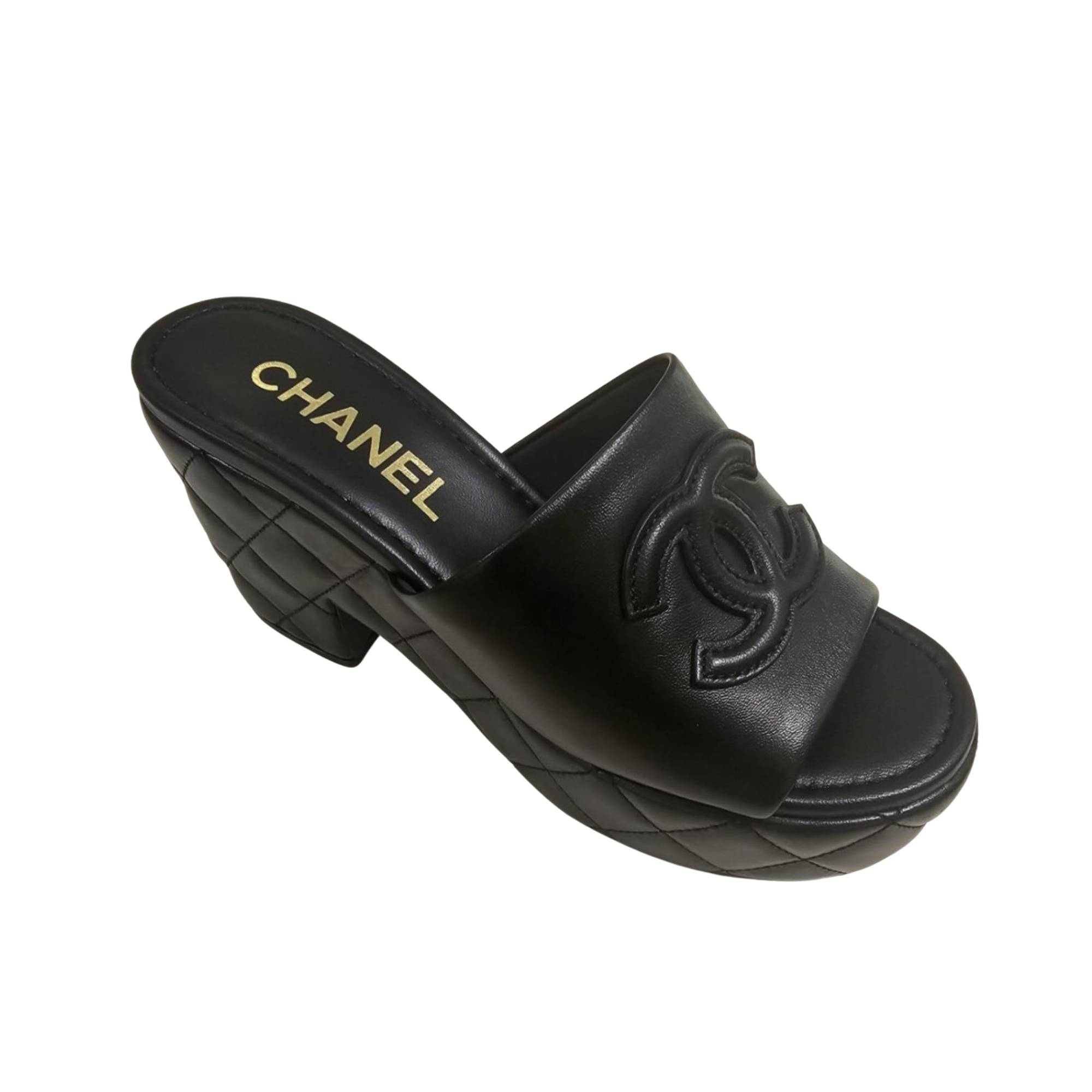 Chanel CC Embossed Logo High Heel Mules in Black Quilted Calfskin