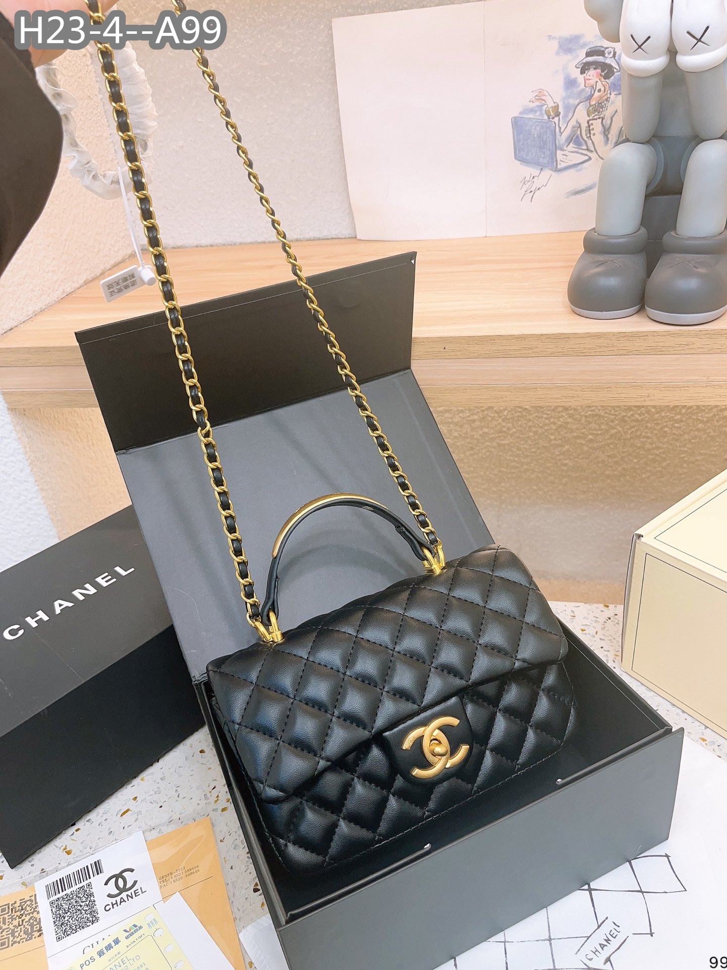 Chanel 22B Flap Bag With Gold Hardware Top Handle Black 21Cm/8in As2431