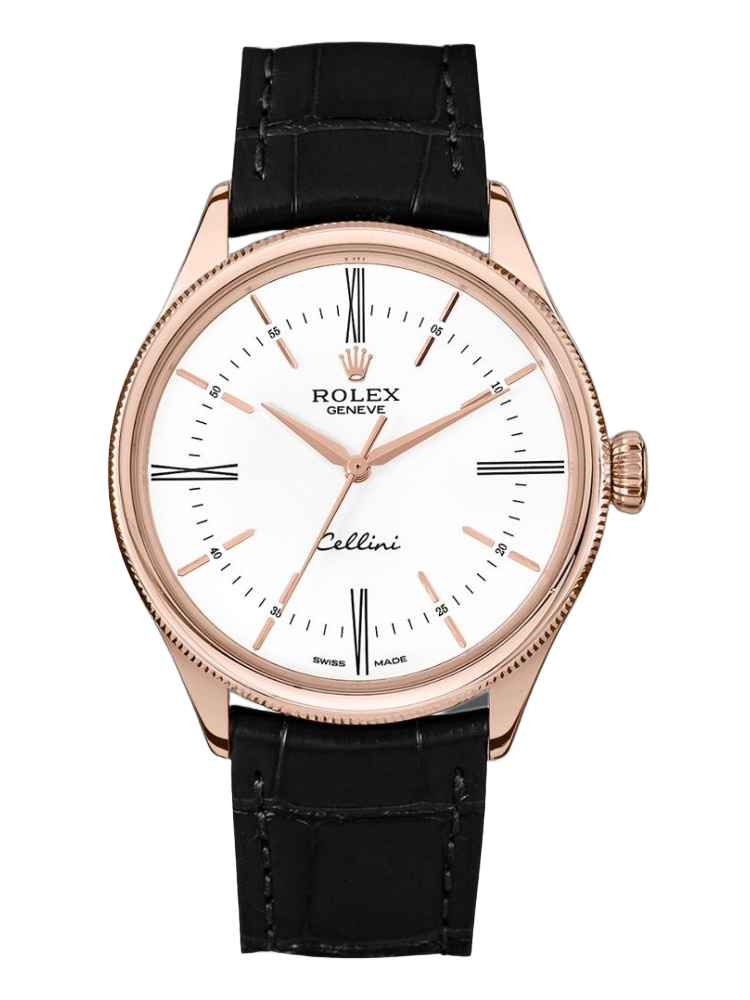 【Super Clone】Rolex Cellini Time 50505 Black Leather Strap White Dial 39mm Mens Replica Watch