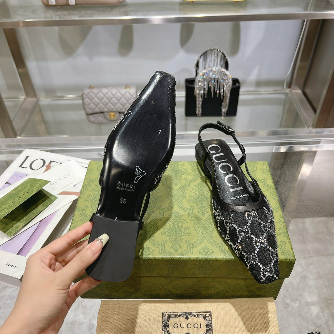 Gucci Gg Embellished Slingback Flats Black