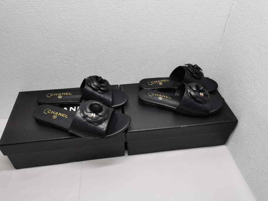 Chanel Camellia Leather Slides Black